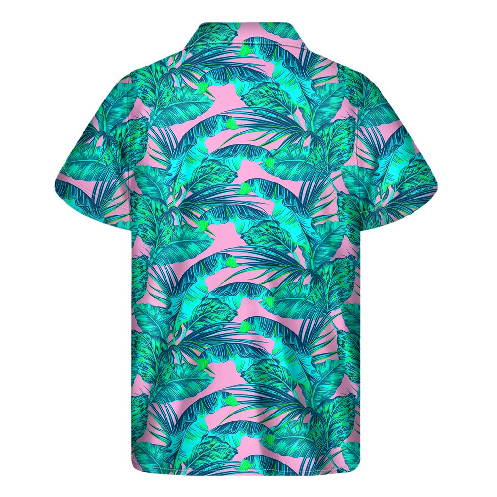 Pink Teal Tropical Leaf Pattern Print Men's Short Sleeve Shirt