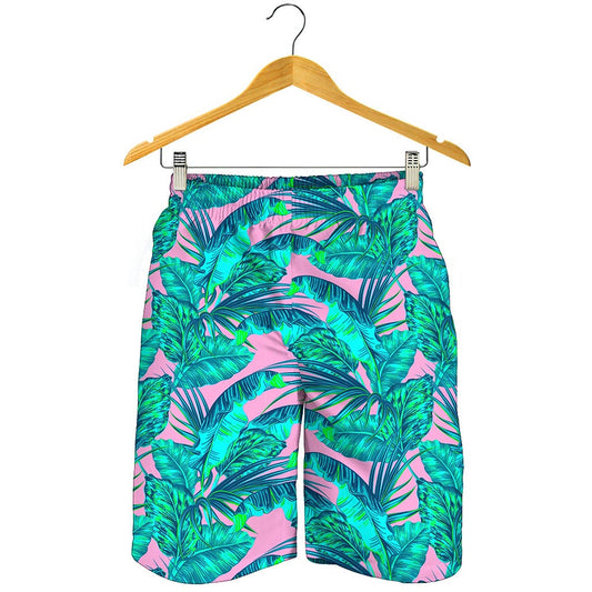 Pink Teal Tropical Leaf Pattern Print Men's Shorts