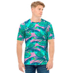 Pink Teal Tropical Leaf Pattern Print Men's T-Shirt