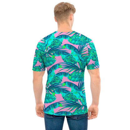 Pink Teal Tropical Leaf Pattern Print Men's T-Shirt