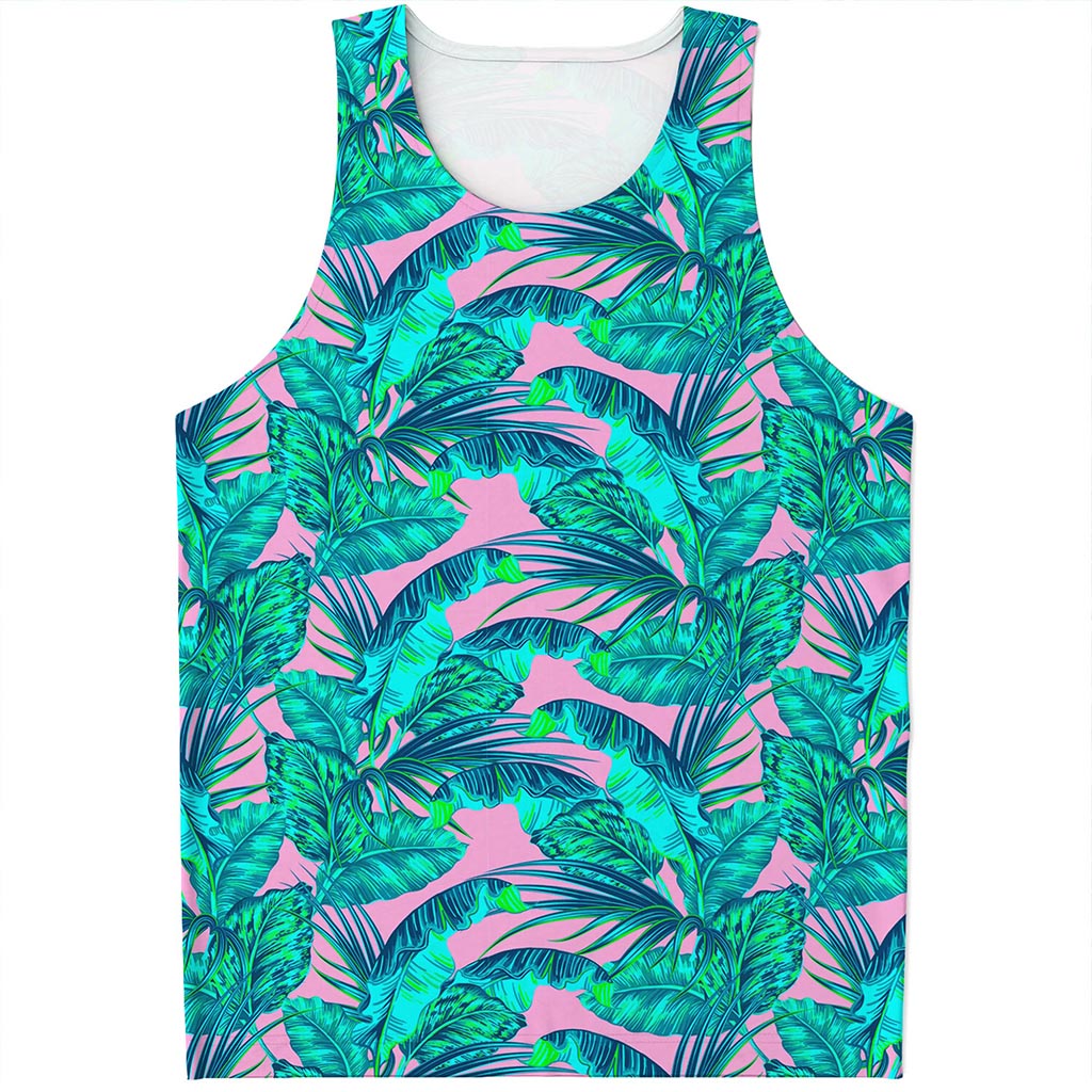 Pink Teal Tropical Leaf Pattern Print Men's Tank Top