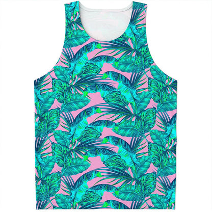 Pink Teal Tropical Leaf Pattern Print Men's Tank Top