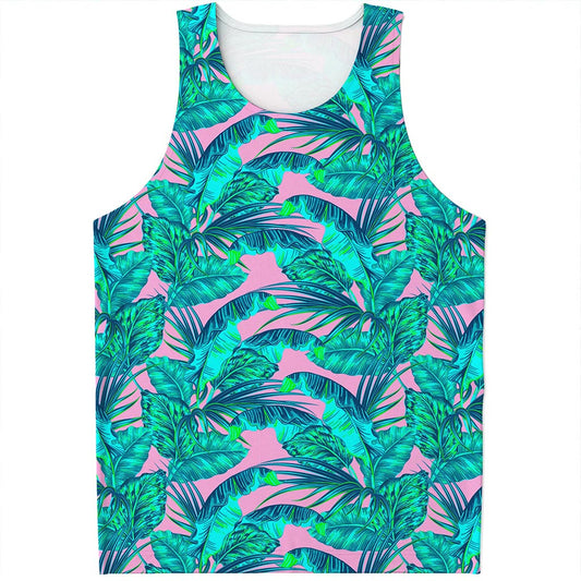 Pink Teal Tropical Leaf Pattern Print Men's Tank Top