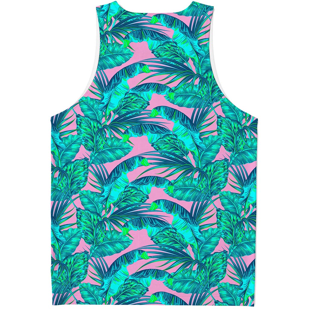 Pink Teal Tropical Leaf Pattern Print Men's Tank Top