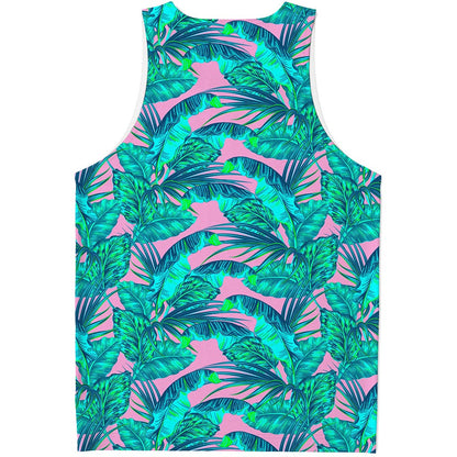Pink Teal Tropical Leaf Pattern Print Men's Tank Top