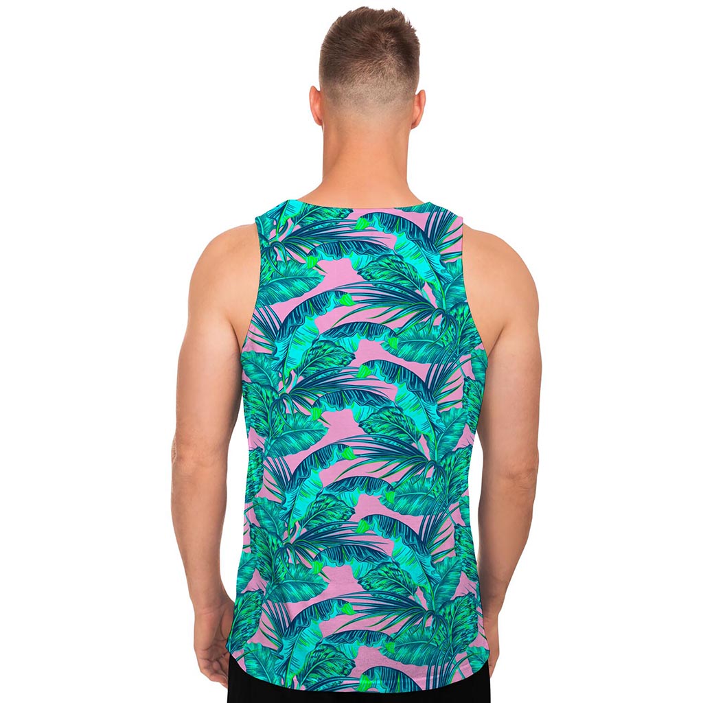 Pink Teal Tropical Leaf Pattern Print Men's Tank Top