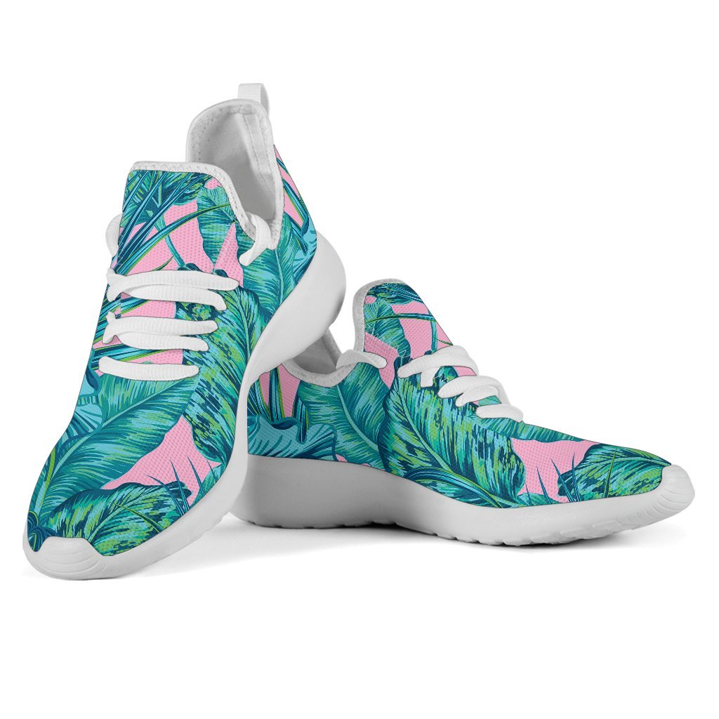 Pink Teal Tropical Leaf Pattern Print Mesh Knit Shoes GearFrost