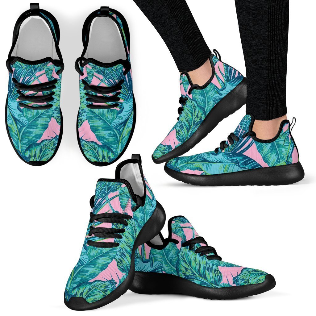Pink Teal Tropical Leaf Pattern Print Mesh Knit Shoes GearFrost