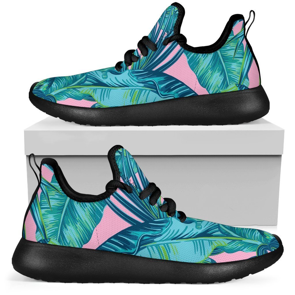 Pink Teal Tropical Leaf Pattern Print Mesh Knit Shoes GearFrost