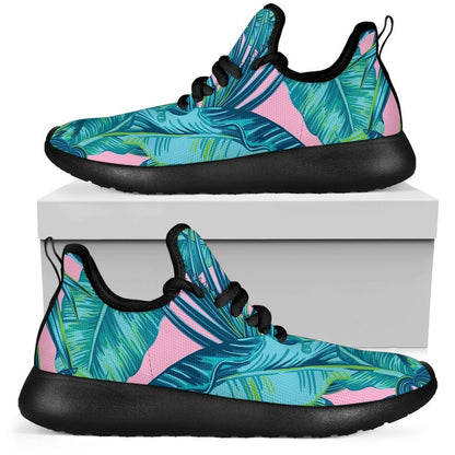 Pink Teal Tropical Leaf Pattern Print Mesh Knit Shoes GearFrost