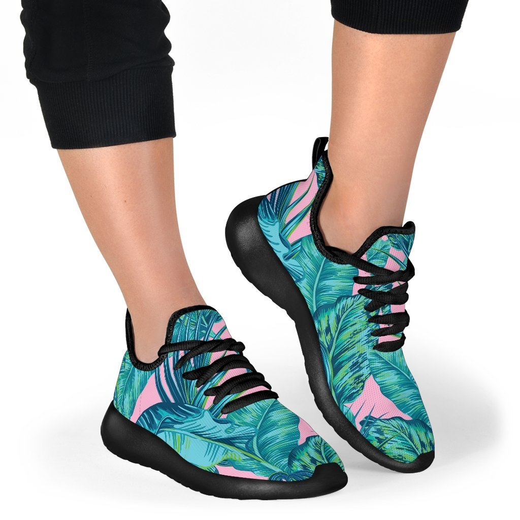 Pink Teal Tropical Leaf Pattern Print Mesh Knit Shoes GearFrost