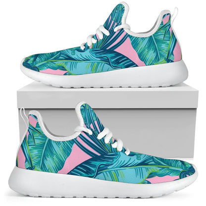 Pink Teal Tropical Leaf Pattern Print Mesh Knit Shoes GearFrost