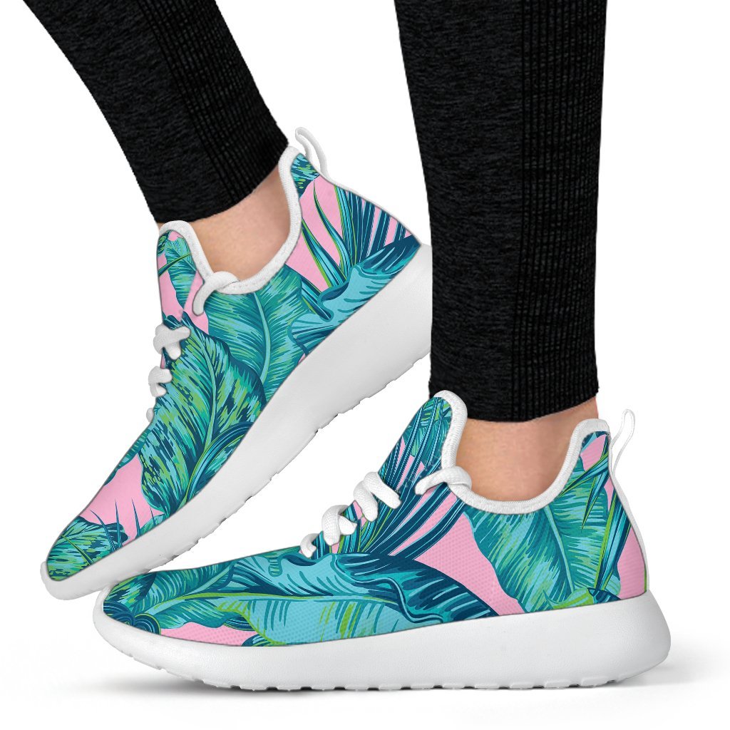 Pink Teal Tropical Leaf Pattern Print Mesh Knit Shoes GearFrost