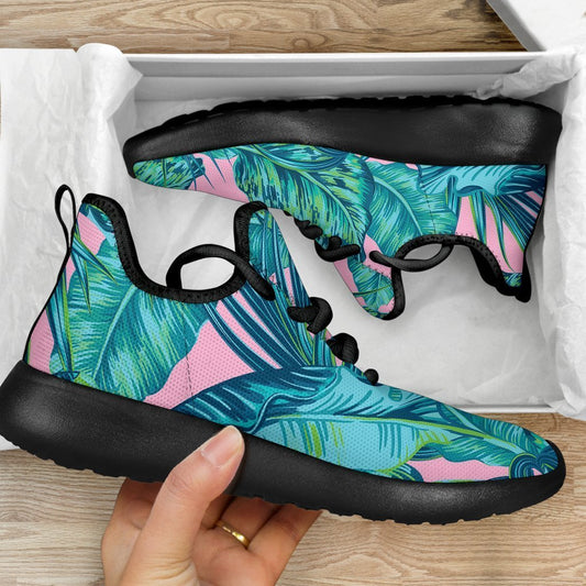 Pink Teal Tropical Leaf Pattern Print Mesh Knit Shoes GearFrost
