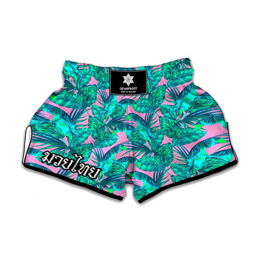 Pink Teal Tropical Leaf Pattern Print Muay Thai Boxing Shorts