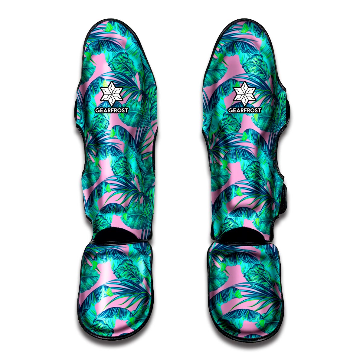 Pink Teal Tropical Leaf Pattern Print Muay Thai Shin Guard