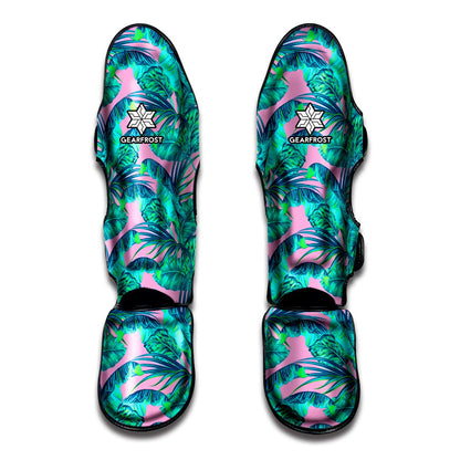 Pink Teal Tropical Leaf Pattern Print Muay Thai Shin Guard