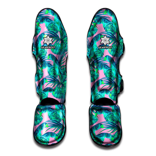 Pink Teal Tropical Leaf Pattern Print Muay Thai Shin Guard