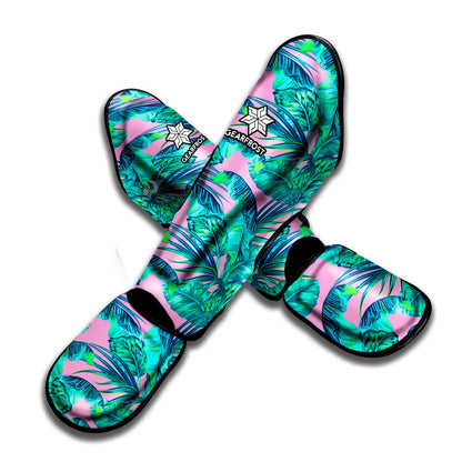 Pink Teal Tropical Leaf Pattern Print Muay Thai Shin Guard