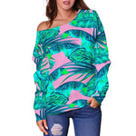 Pink Teal Tropical Leaf Pattern Print Off Shoulder Sweatshirt GearFrost