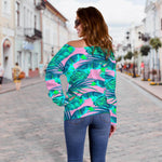 Pink Teal Tropical Leaf Pattern Print Off Shoulder Sweatshirt GearFrost