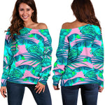 Pink Teal Tropical Leaf Pattern Print Off Shoulder Sweatshirt GearFrost