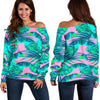 Pink Teal Tropical Leaf Pattern Print Off Shoulder Sweatshirt GearFrost