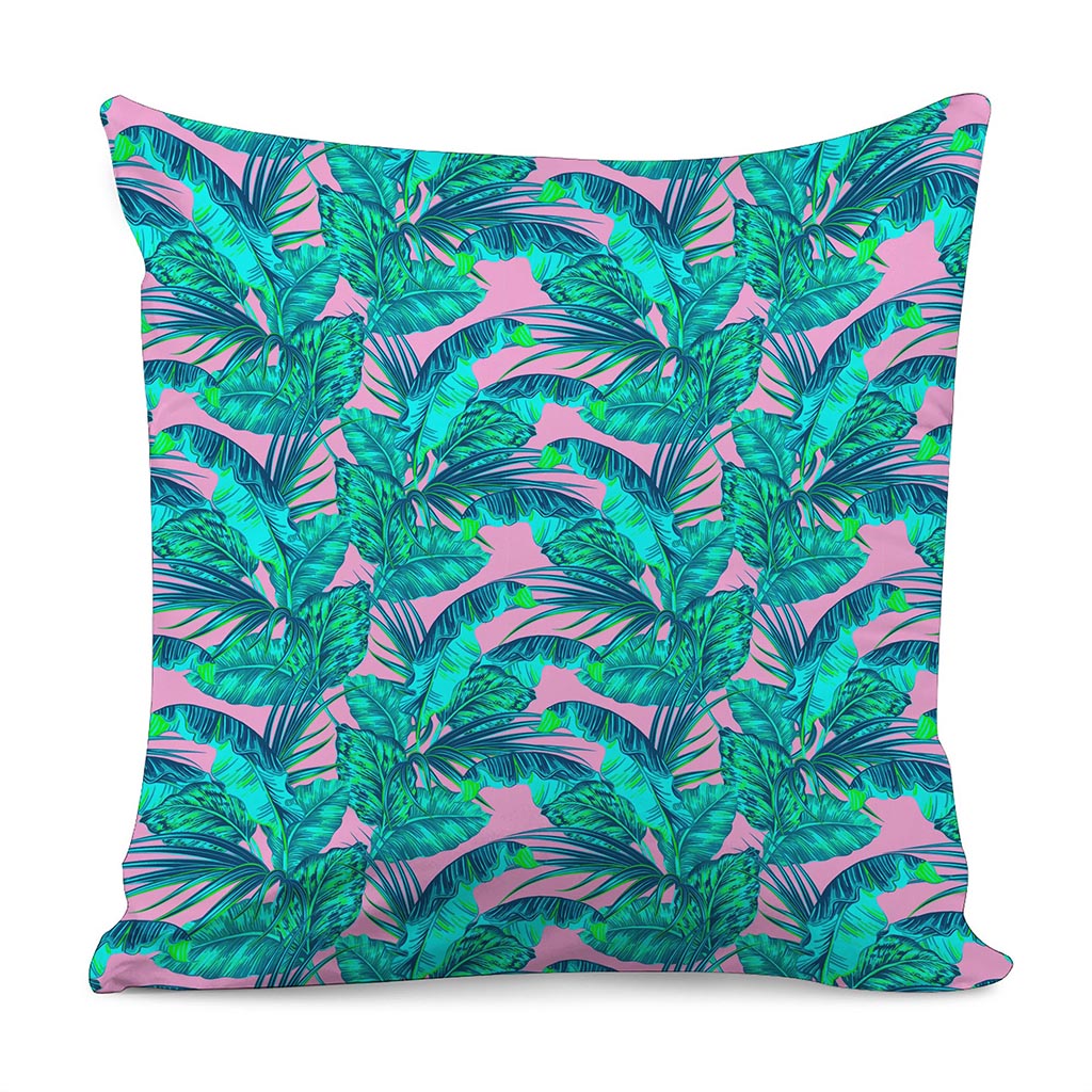 Pink Teal Tropical Leaf Pattern Print Pillow Cover