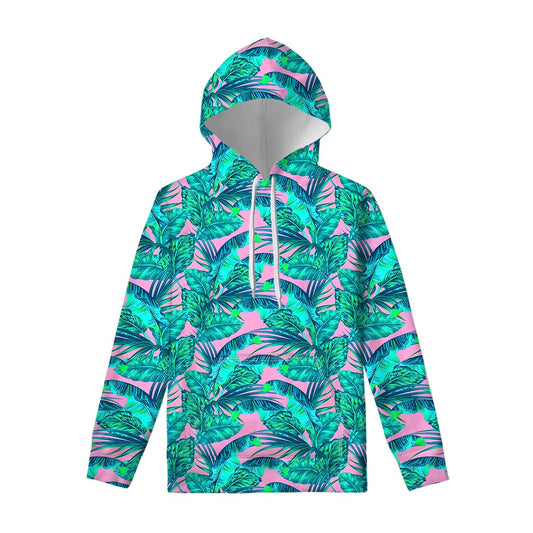 Pink Teal Tropical Leaf Pattern Print Pullover Hoodie
