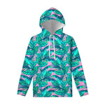Pink Teal Tropical Leaf Pattern Print Pullover Hoodie