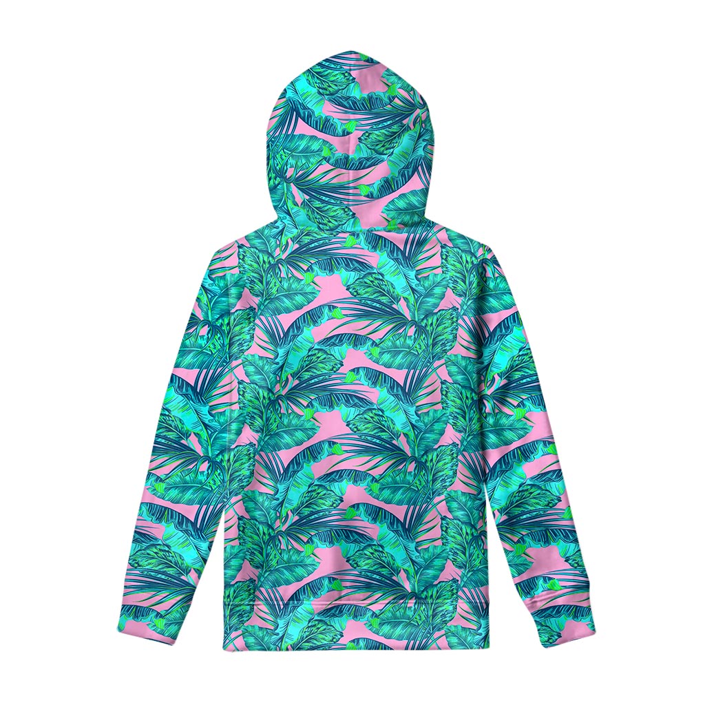 Pink Teal Tropical Leaf Pattern Print Pullover Hoodie