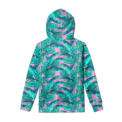 Pink Teal Tropical Leaf Pattern Print Pullover Hoodie