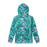 Pink Teal Tropical Leaf Pattern Print Pullover Hoodie