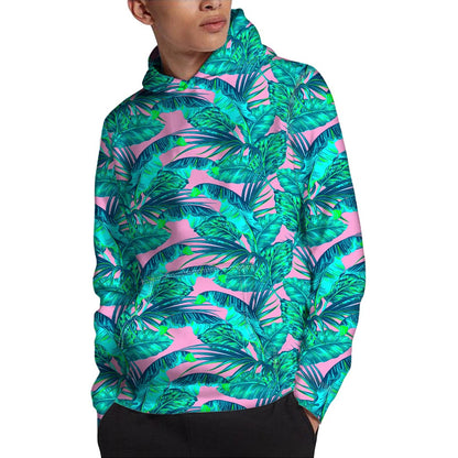 Pink Teal Tropical Leaf Pattern Print Pullover Hoodie