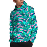 Pink Teal Tropical Leaf Pattern Print Pullover Hoodie