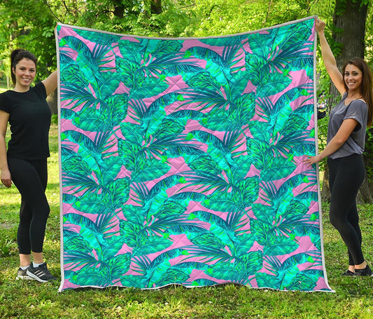Pink Teal Tropical Leaf Pattern Print Quilt