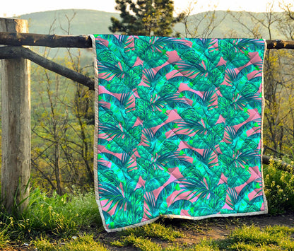 Pink Teal Tropical Leaf Pattern Print Quilt