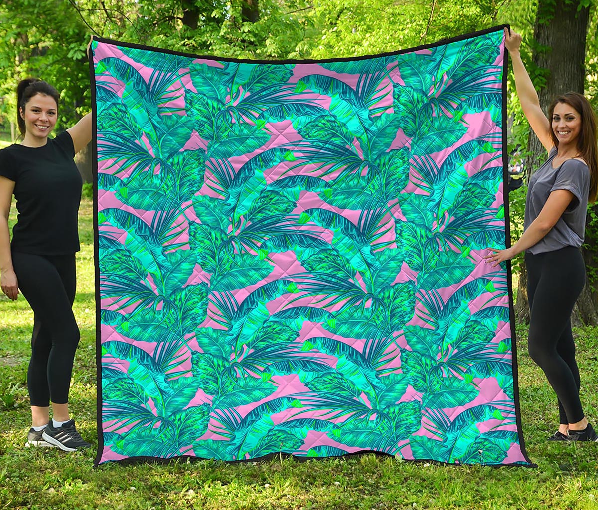 Pink Teal Tropical Leaf Pattern Print Quilt