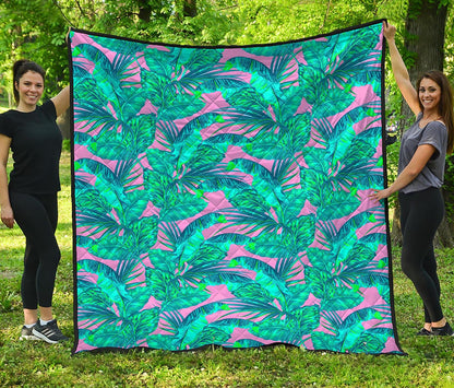 Pink Teal Tropical Leaf Pattern Print Quilt