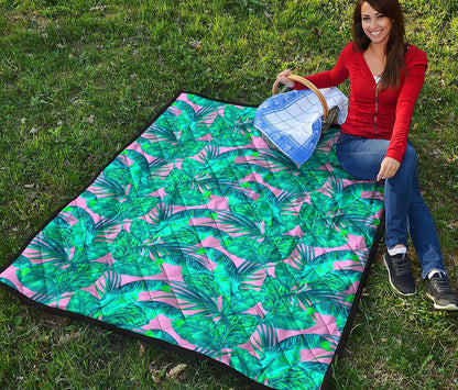 Pink Teal Tropical Leaf Pattern Print Quilt