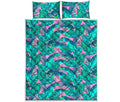 Pink Teal Tropical Leaf Pattern Print Quilt Bed Set