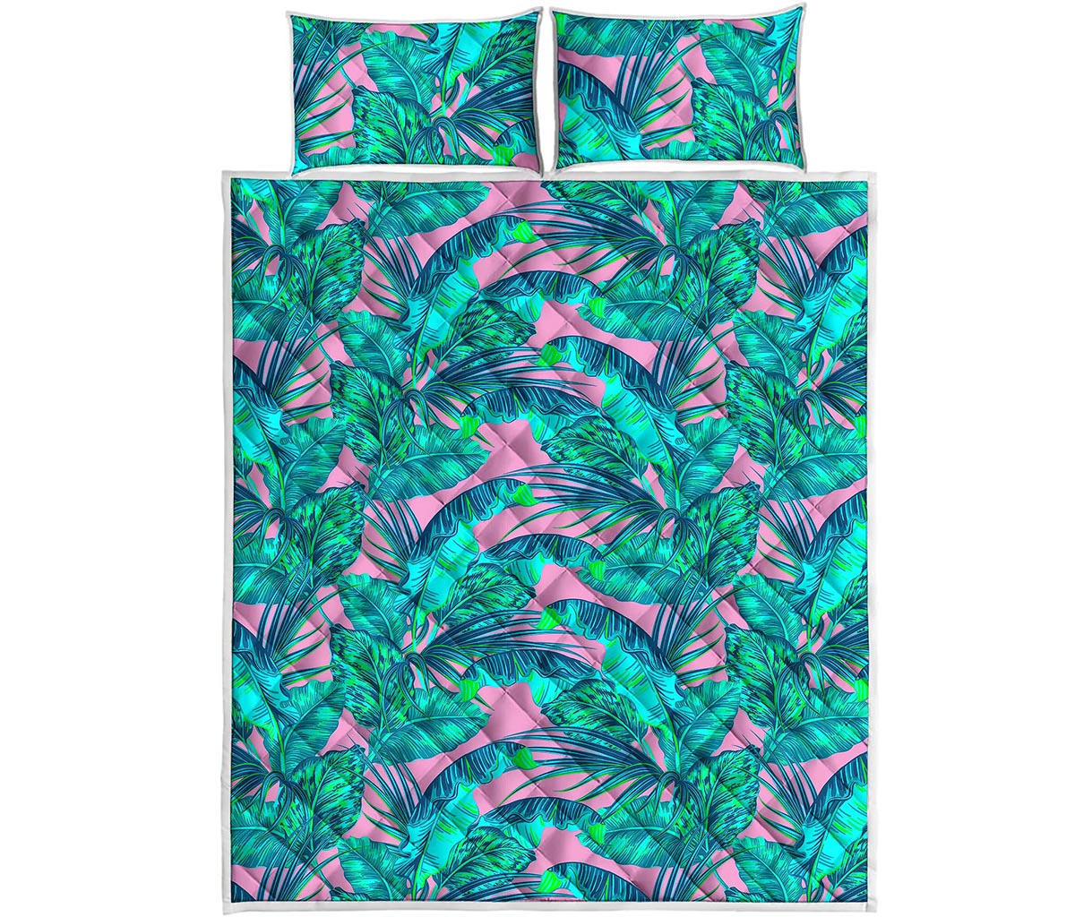 Pink Teal Tropical Leaf Pattern Print Quilt Bed Set
