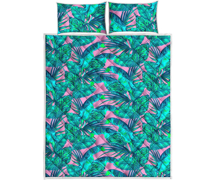 Pink Teal Tropical Leaf Pattern Print Quilt Bed Set