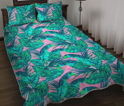 Pink Teal Tropical Leaf Pattern Print Quilt Bed Set