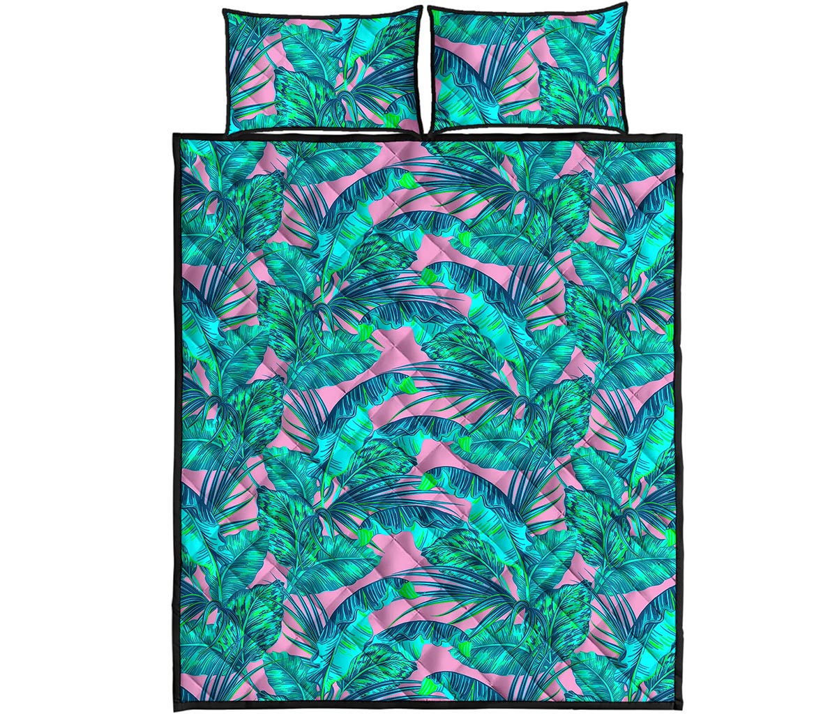 Pink Teal Tropical Leaf Pattern Print Quilt Bed Set