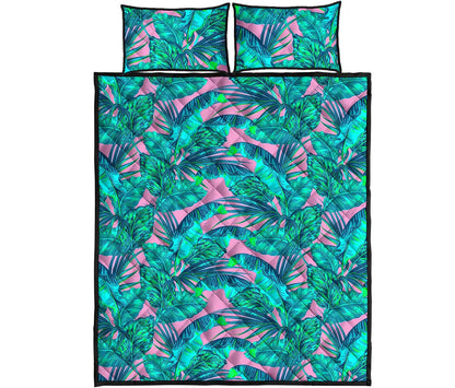 Pink Teal Tropical Leaf Pattern Print Quilt Bed Set
