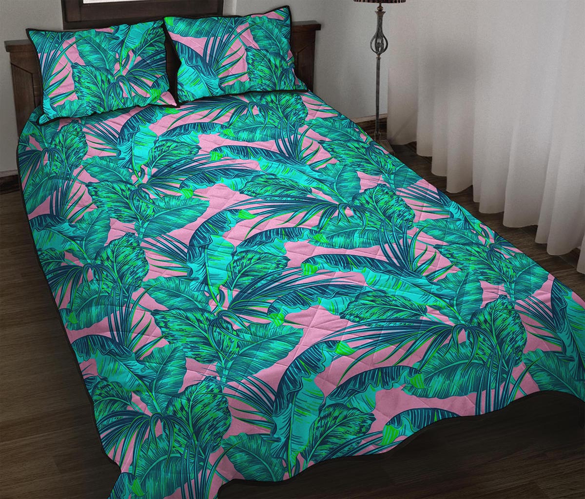 Pink Teal Tropical Leaf Pattern Print Quilt Bed Set