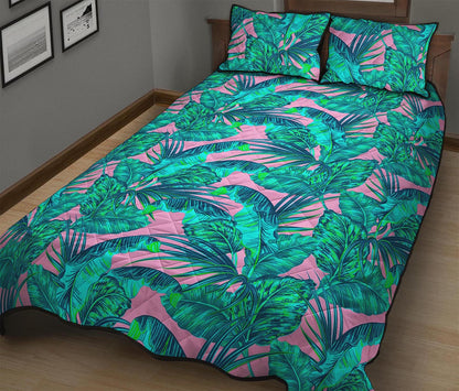 Pink Teal Tropical Leaf Pattern Print Quilt Bed Set