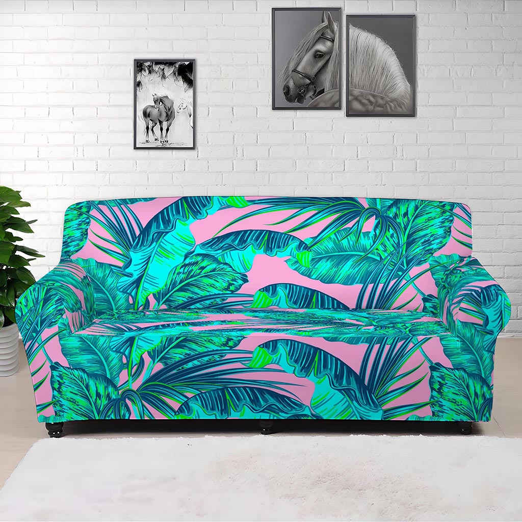 Pink Teal Tropical Leaf Pattern Print Sofa Cover