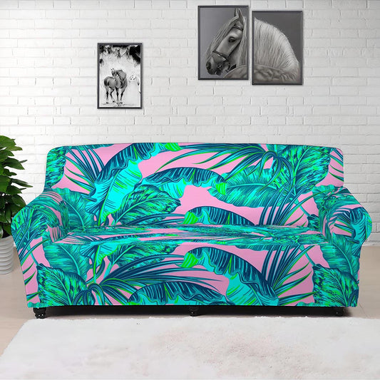 Pink Teal Tropical Leaf Pattern Print Sofa Cover